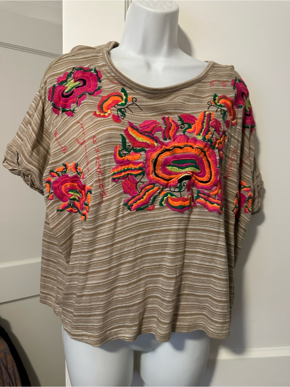 Free People Beige Striped Tee with Bright Pink & Orange Floral Embroidery
